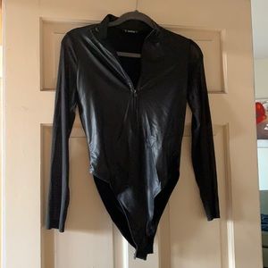 Faux leather black bodysuit with mesh sleeves